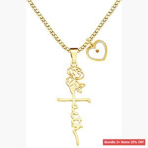 Stainless Steel Cross Pendant Necklace 23 Inch Chain Floral Rose Design